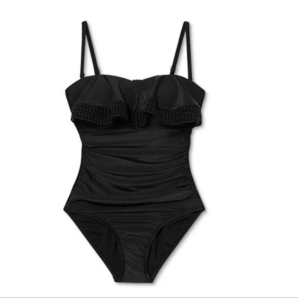 Kona Sol Black Women's Crochet Flounce High Coverage One Piece Swimsuit - Picture 4 of 7
